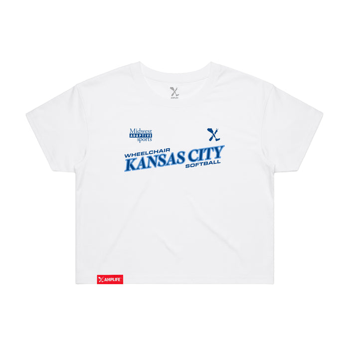 MAS Kansas City Wheelchair Softball Slant Women's White Crop T-Shirt on a white background