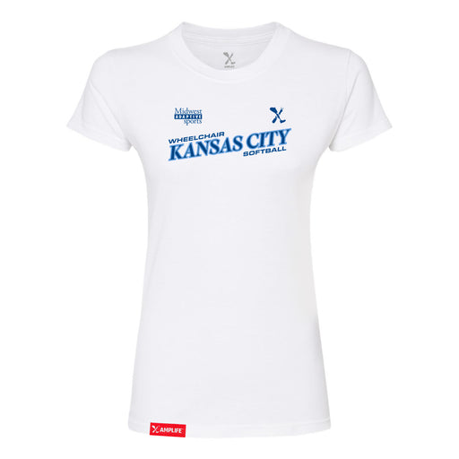 MAS Kansas City Wheelchair Softball Slant Women's White Slim T-Shirt on a white background