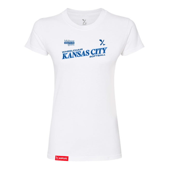 MAS Kansas City Wheelchair Softball Slant Women's White Slim T-Shirt on a white background
