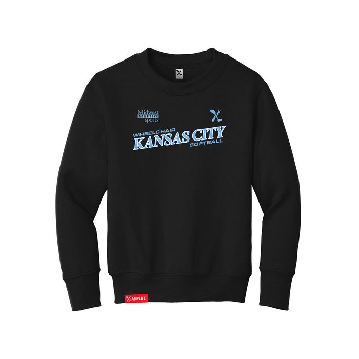 MAS Kansas City Wheelchair Softball Slant Youth Black Crewneck Sweatshirt on a white background