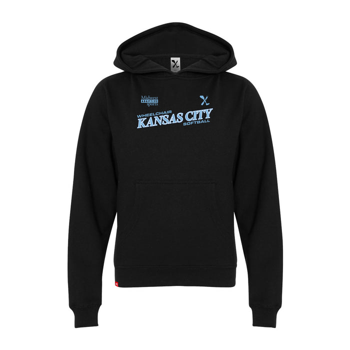 MAS Kansas City Wheelchair Softball Slant Youth Black Hoodie on a white background