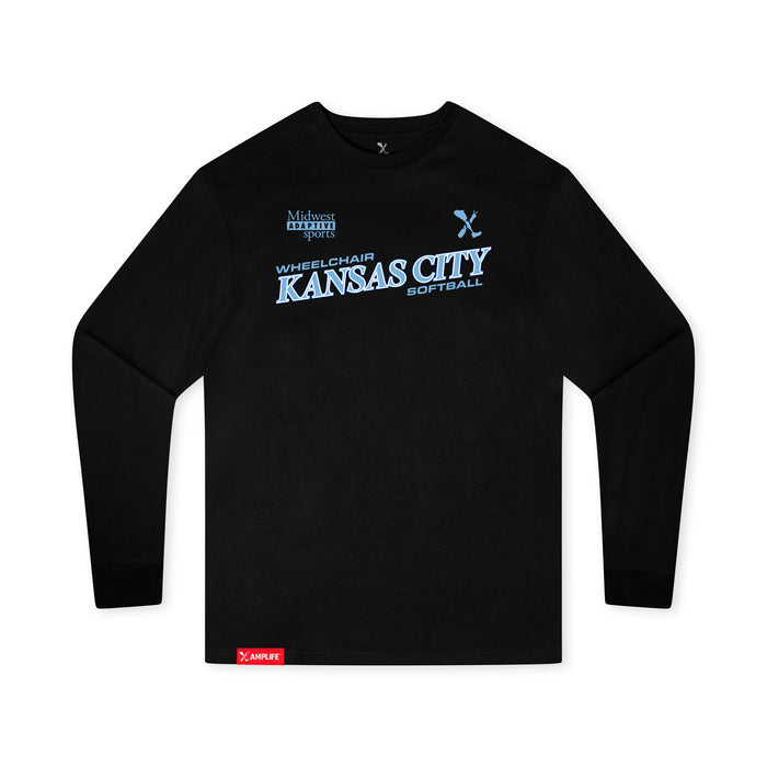 MAS Kansas City Wheelchair Softball Slant Youth Black Long Sleeve T-Shirt on a white background