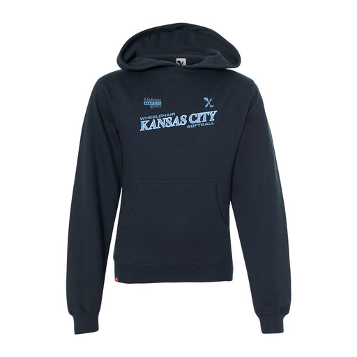 MAS Kansas City Wheelchair Softball Slant Youth Navy Hoodie on a white background