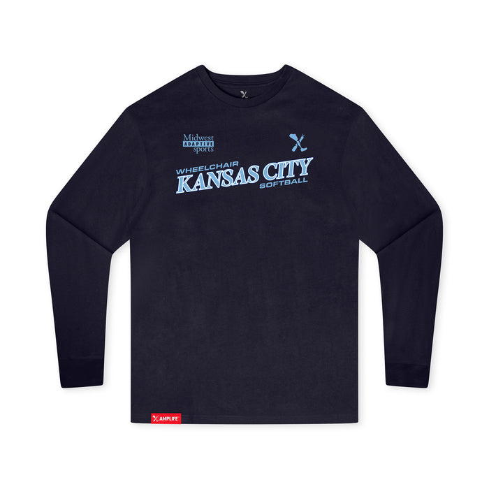MAS Kansas City Wheelchair Softball Slant Youth Navy Long Sleeve T-Shirt on a white background