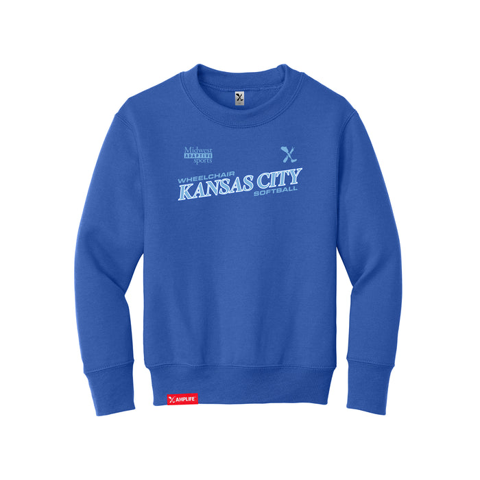 MAS Kansas City Wheelchair Softball Slant Youth Royal Crewneck Sweatshirt on a white background