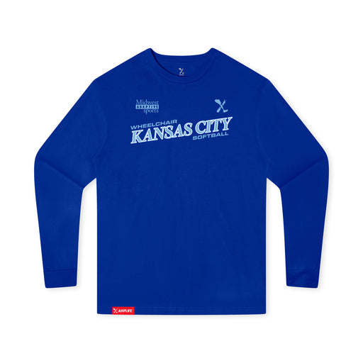 MAS Kansas City Wheelchair Softball Slant Youth Royal Long Sleeve T-Shirt on a white background