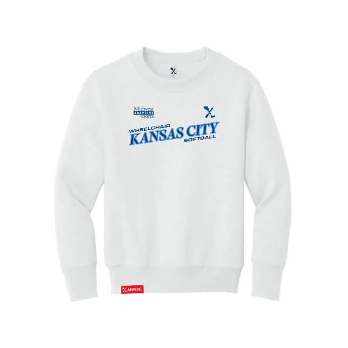 MAS Kansas City Wheelchair Softball Slant Youth White Crewneck Sweatshirt on a white background
