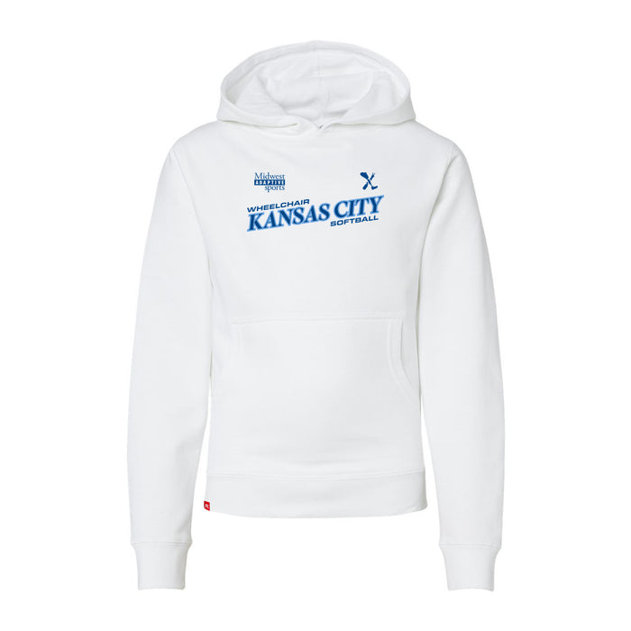 MAS Kansas City Wheelchair Softball Slant Youth White Hoodie on a white background