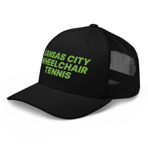 Front left angle of the MAS Kansas City Advantage Wheelchair Tennis Black Curved Bill Trucker Snapback against a white background