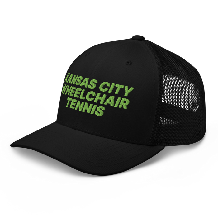 Front left angle of the MAS Kansas City Advantage Wheelchair Tennis Black Curved Bill Trucker Snapback against a white background