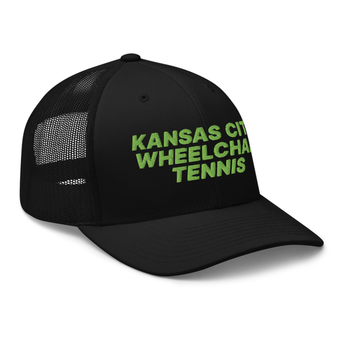 Front right angle of the MAS Kansas City Advantage Wheelchair Tennis Black Curved Bill Trucker Snapback against a white background