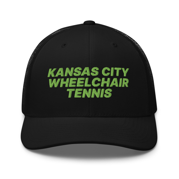 Front angle of the MAS Kansas City Advantage Wheelchair Tennis Black Curved Bill Trucker Snapback against a white background