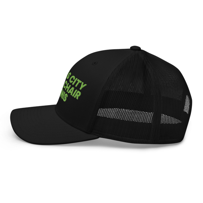 Left angle of the MAS Kansas City Advantage Wheelchair Tennis Black Curved Bill Trucker Snapback against a white background