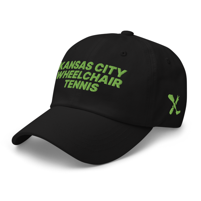 Front left angle of the MAS Kansas City Advantage Wheelchair Tennis Black Dad Hat against a white background