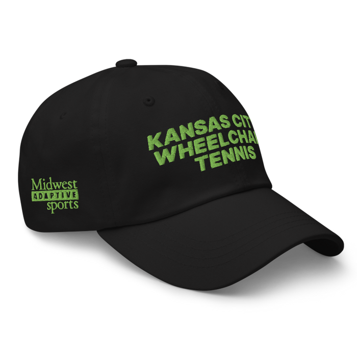 Front right angle of the MAS Kansas City Advantage Wheelchair Tennis Black Dad Hat against a white background