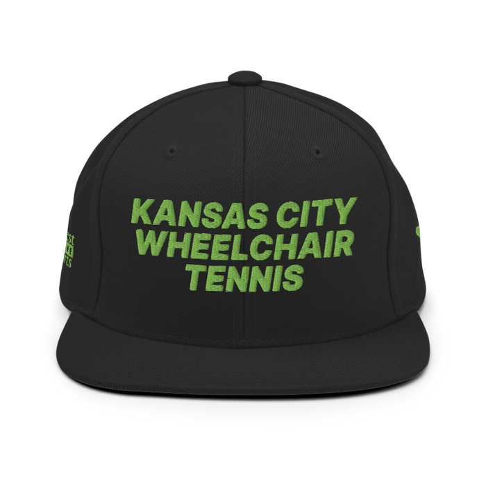 Front angle of the MAS Kansas City Advantage Wheelchair Tennis Black Flat Bill Snapback against a white background