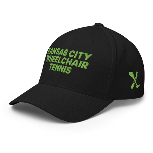 Front left angle of the MAS Kansas City Advantage Wheelchair Tennis Black Flexfit Curved Bill Fitted against a white background