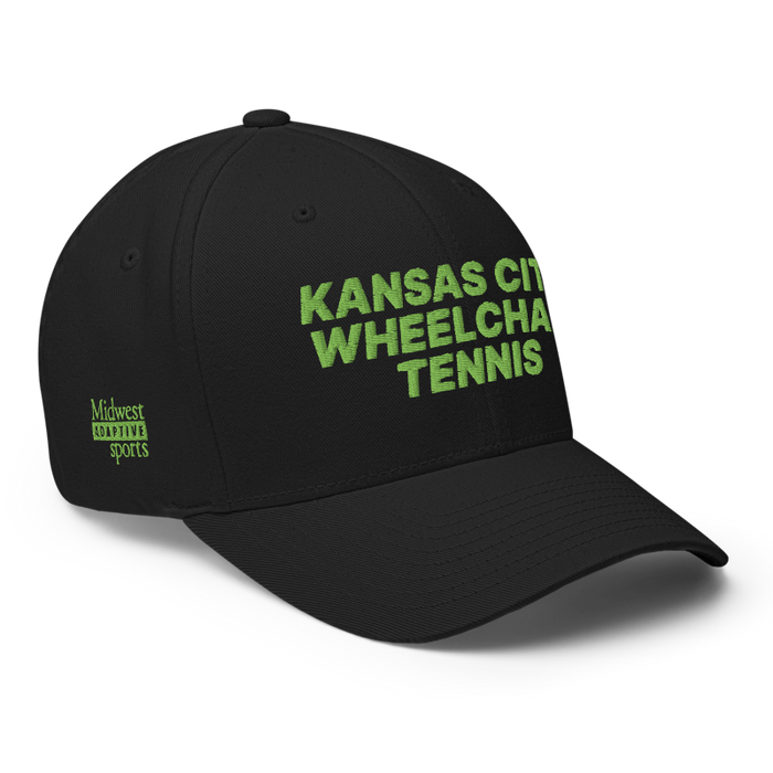 Front right angle of the MAS Kansas City Advantage Wheelchair Tennis Black Flexfit Curved Bill Fitted against a white background