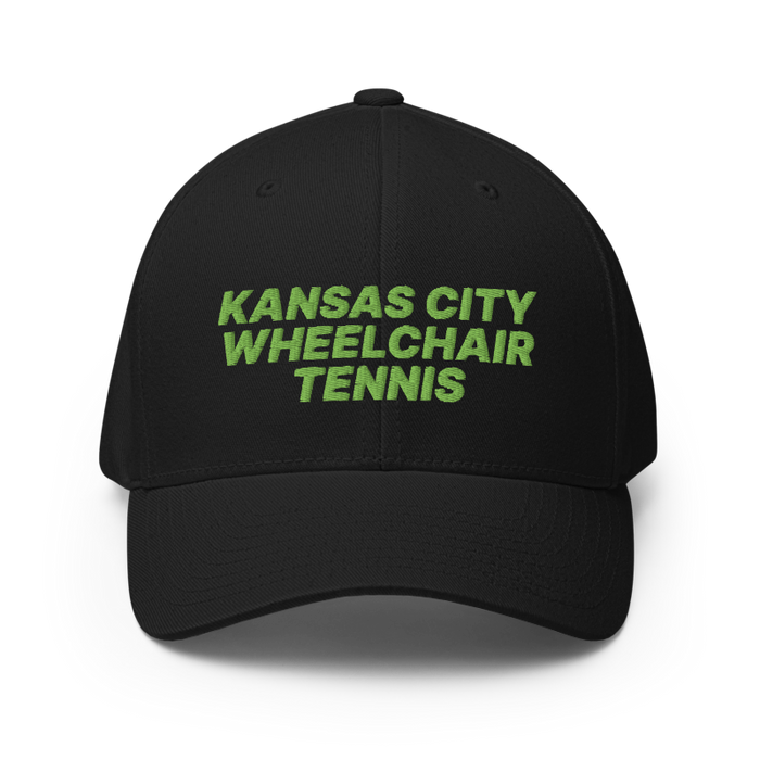 Front angle of the MAS Kansas City Advantage Wheelchair Tennis Black Flexfit Curved Bill Fitted against a white background