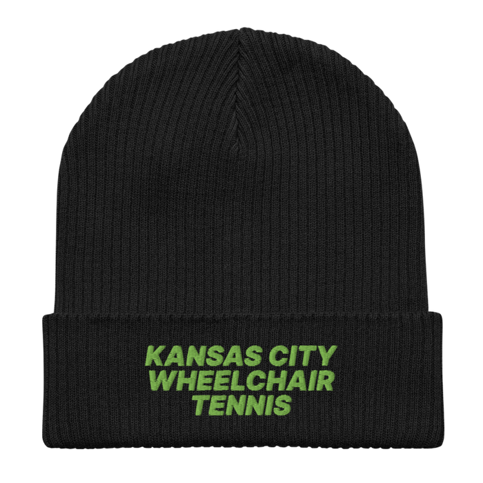Front angle of the MAS Kansas City Advantage Wheelchair Tennis Black Organic Beanie laid flat against a white background