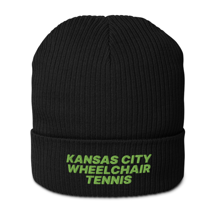 Front angle of the MAS Kansas City Advantage Wheelchair Tennis Black Organic Beanie against a white background