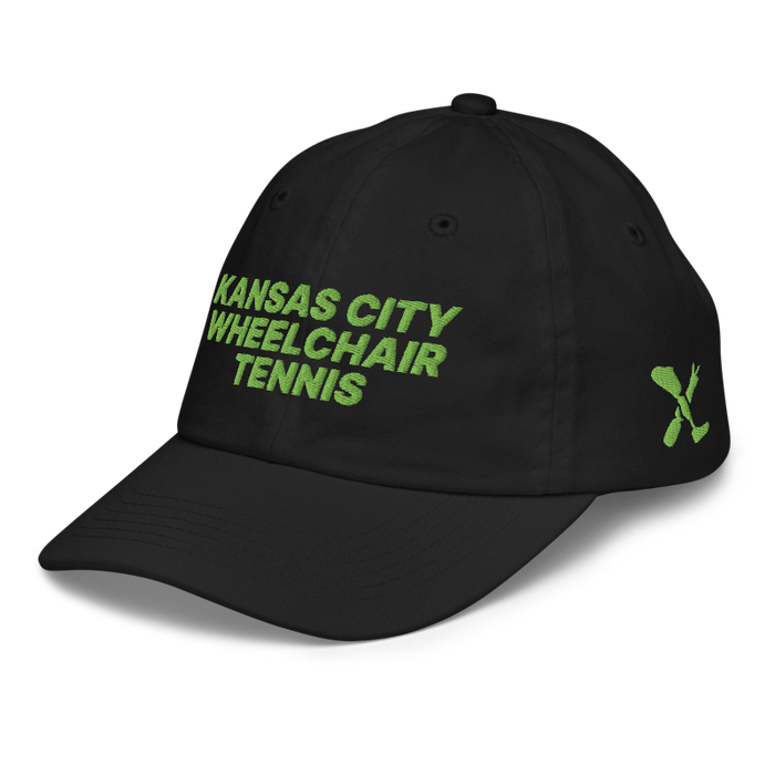 Front left angle of the MAS Kansas City Advantage Wheelchair Tennis Black Youth Dad Hat against a white background