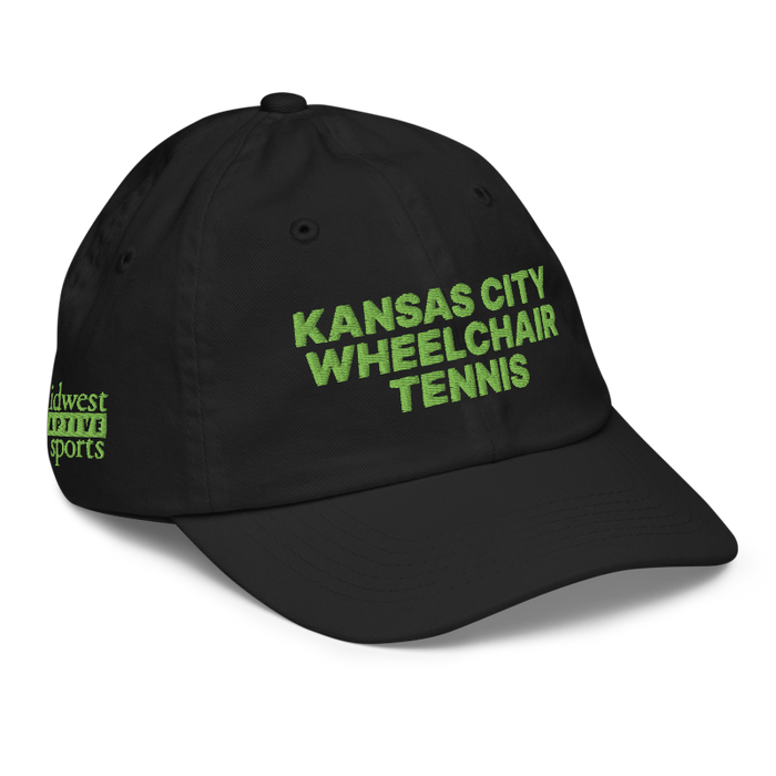 Front right angle of the MAS Kansas City Advantage Wheelchair Tennis Black Youth Dad Hat against a white background
