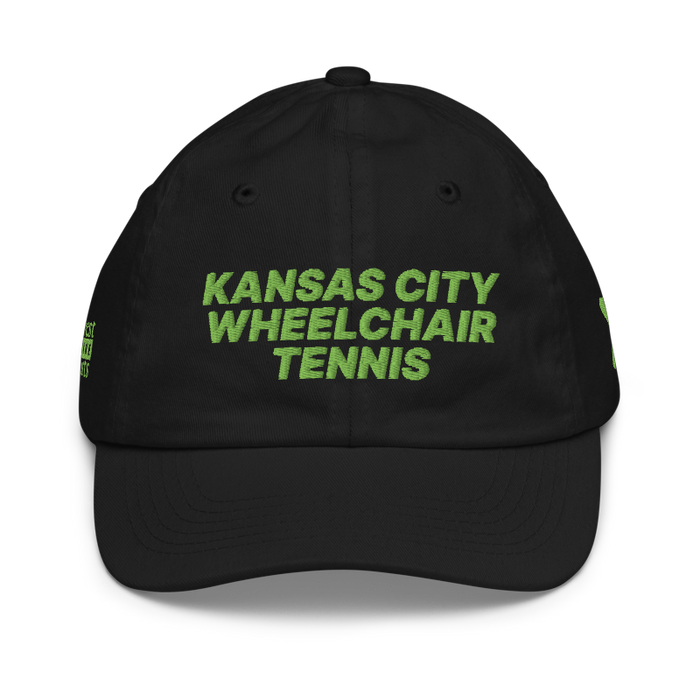 Front angle of the MAS Kansas City Advantage Wheelchair Tennis Black Youth Dad Hat against a white background