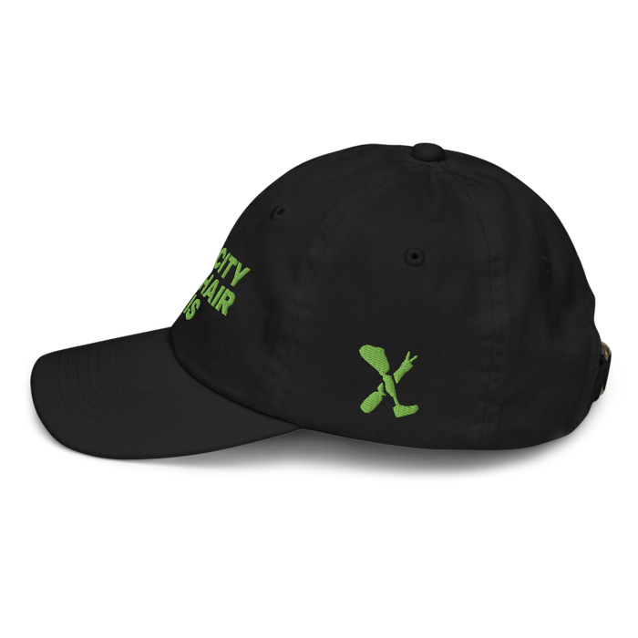 Left angle of the MAS Kansas City Advantage Wheelchair Tennis Black Youth Dad Hat against a white background