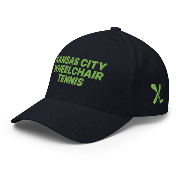 Front left angle of the MAS Kansas City Advantage Wheelchair Tennis Dark Navy Flexfit Curved Bill Fitted against a white background