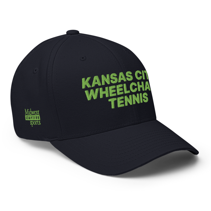 Front right angle of the MAS Kansas City Advantage Wheelchair Tennis Dark Navy Flexfit Curved Bill Fitted against a white background