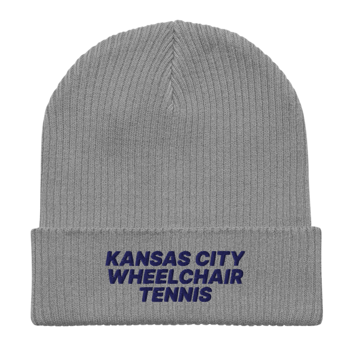 Front angle of the MAS Kansas City Advantage Wheelchair Tennis Light Grey Organic Beanie laid flat against a white background