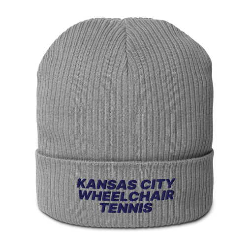 Front angle of the MAS Kansas City Advantage Wheelchair Tennis Light Grey Organic Beanie against a white background