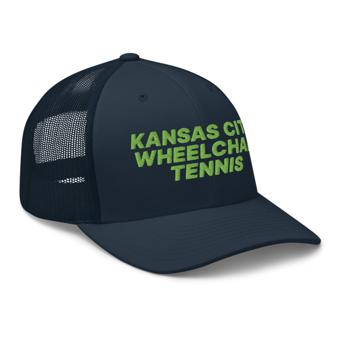 Front right angle of the MAS Kansas City Advantage Wheelchair Tennis Navy Curved Bill Trucker Snapback against a white background