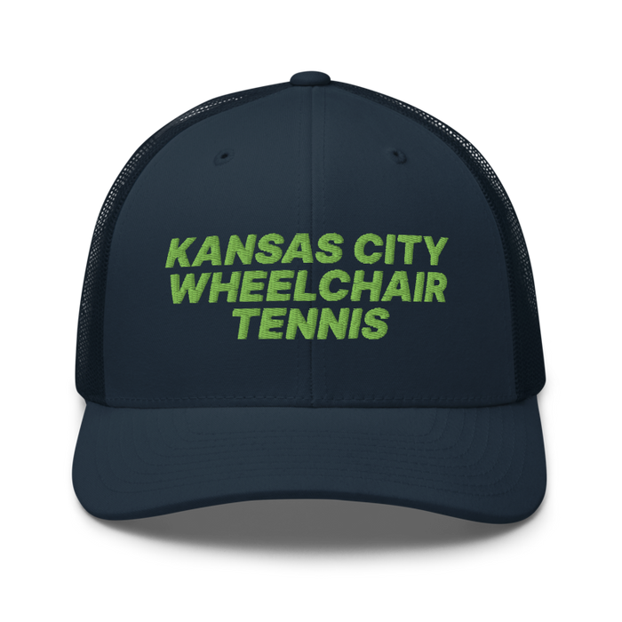 Front angle of the MAS Kansas City Advantage Wheelchair Tennis Navy Curved Bill Trucker Snapback against a white background