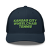 Front angle of the MAS Kansas City Advantage Wheelchair Tennis Navy Curved Bill Trucker Snapback against a white background