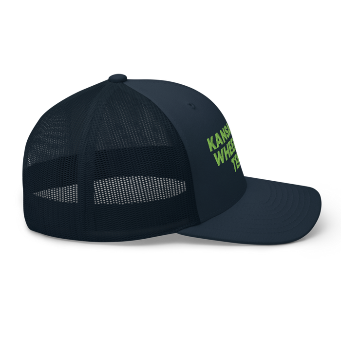 Right angle of the MAS Kansas City Advantage Wheelchair Tennis Navy Curved Bill Trucker Snapback against a white background