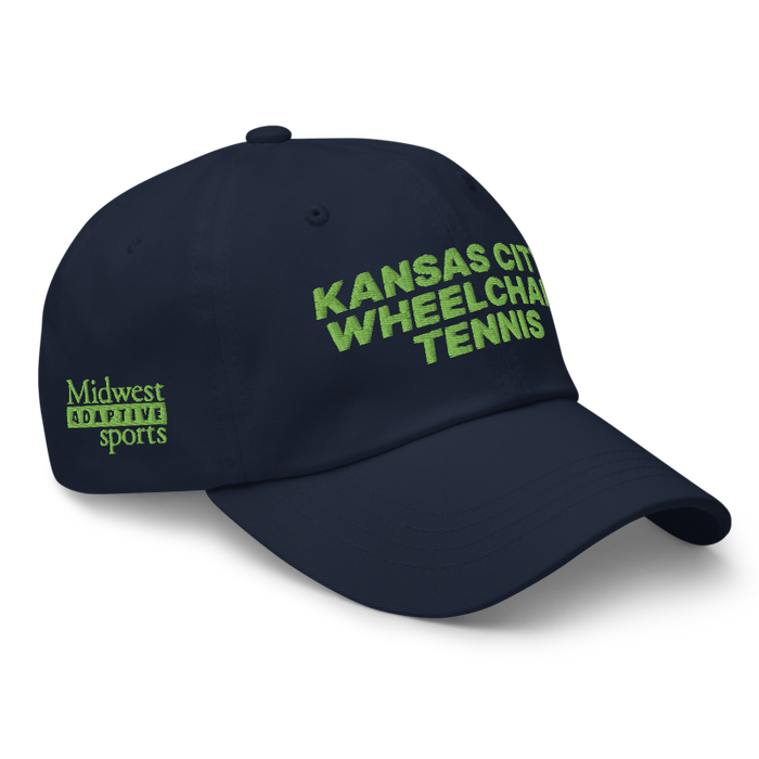 Front right angle of the MAS Kansas City Advantage Wheelchair Tennis Navy Dad Hat against a white background