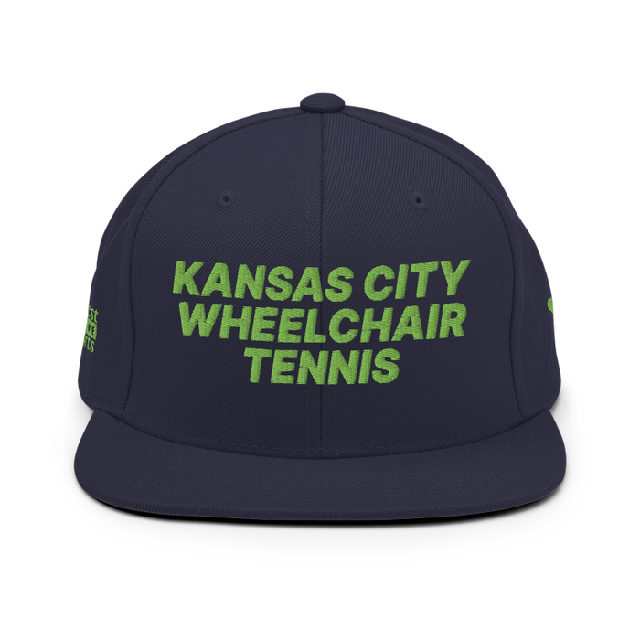Front angle of the MAS Kansas City Advantage Wheelchair Tennis Navy Flat Bill Snapback against a white background