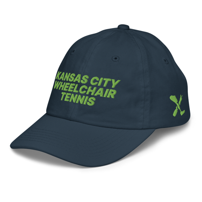 Front left angle of the MAS Kansas City Advantage Wheelchair Tennis Navy Youth Dad Hat against a white background