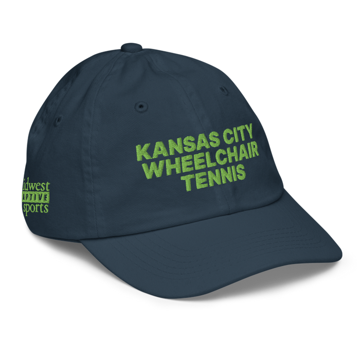 Front right angle of the MAS Kansas City Advantage Wheelchair Tennis Navy Youth Dad Hat against a white background