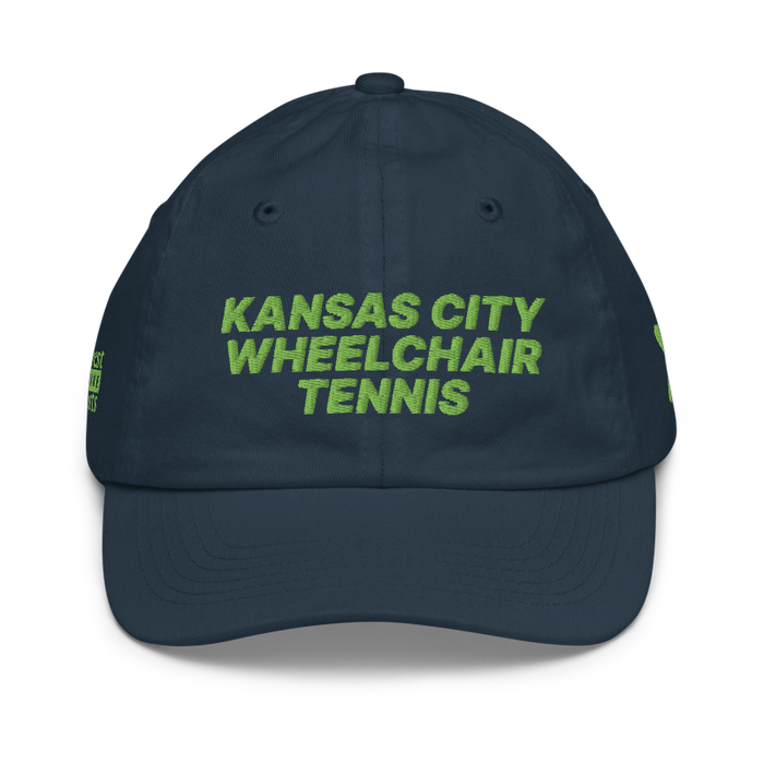 Front angle of the MAS Kansas City Advantage Wheelchair Tennis Navy Youth Dad Hat against a white background