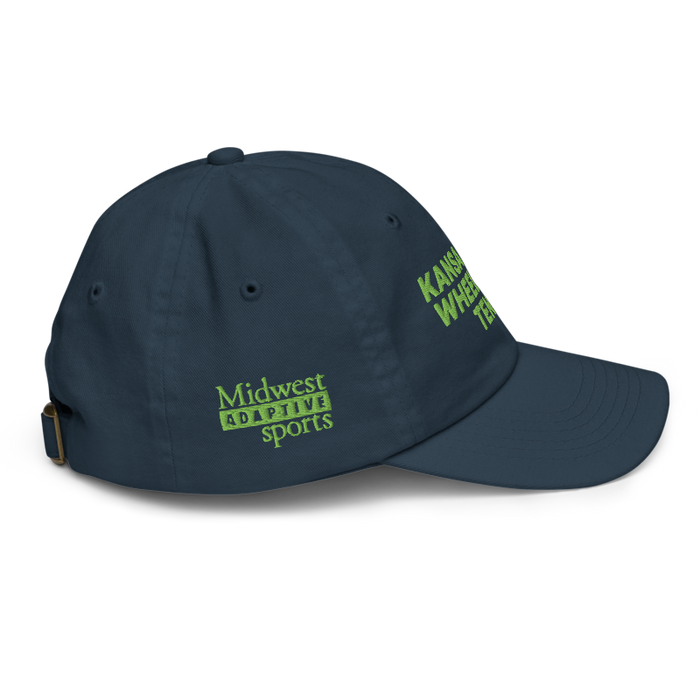 Right angle of the MAS Kansas City Advantage Wheelchair Tennis Navy Youth Dad Hat against a white background