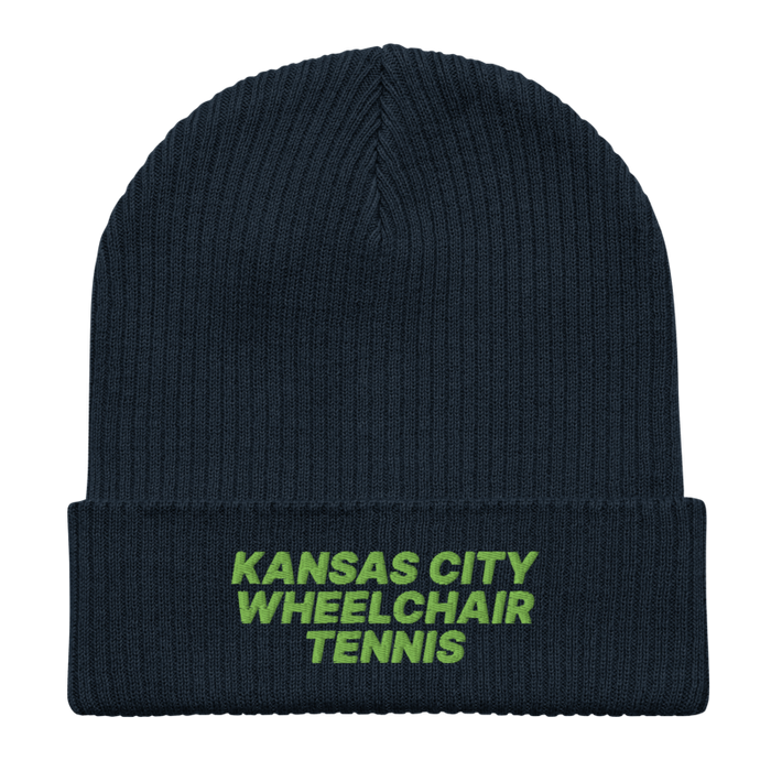Front angle of the MAS Kansas City Advantage Wheelchair Tennis Oxford Navy Organic Beanie laid flat against a white background