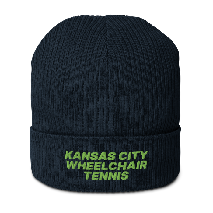 Front angle of the MAS Kansas City Advantage Wheelchair Tennis Oxford Navy Organic Beanie against a white background