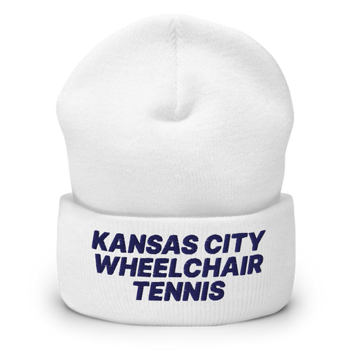 Front angle of the MAS Kansas City Advantage Wheelchair Tennis White Beanie against a white background