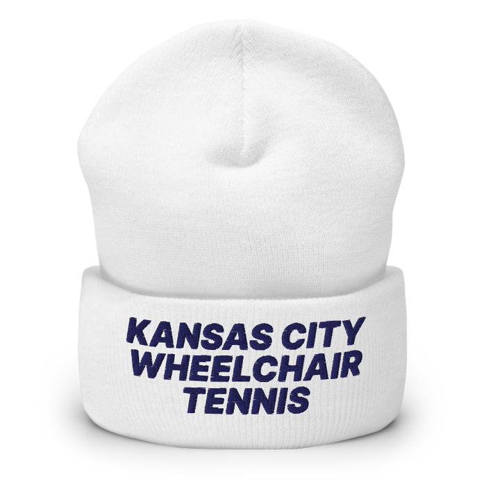 Front angle of the MAS Kansas City Advantage Wheelchair Tennis White Beanie against a white background