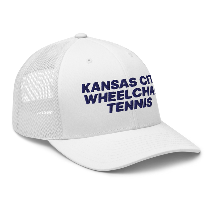 Front right angle of the MAS Kansas City Advantage Wheelchair Tennis White Curved Bill Trucker Snapback against a white background