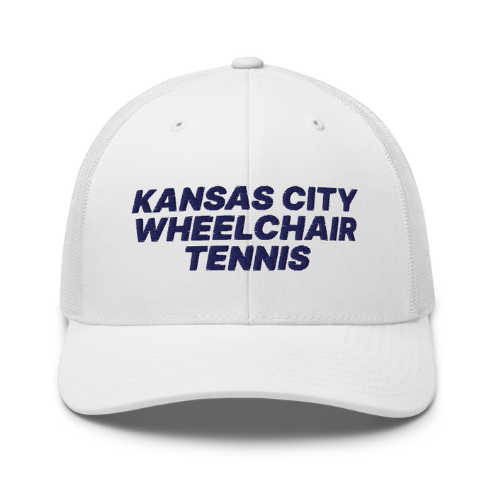 Front angle of the MAS Kansas City Advantage Wheelchair Tennis White Curved Bill Trucker Snapback against a white background