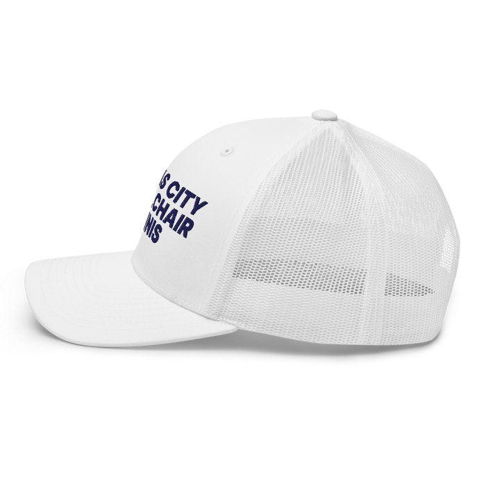 Left angle of the MAS Kansas City Advantage Wheelchair Tennis White Curved Bill Trucker Snapback against a white background